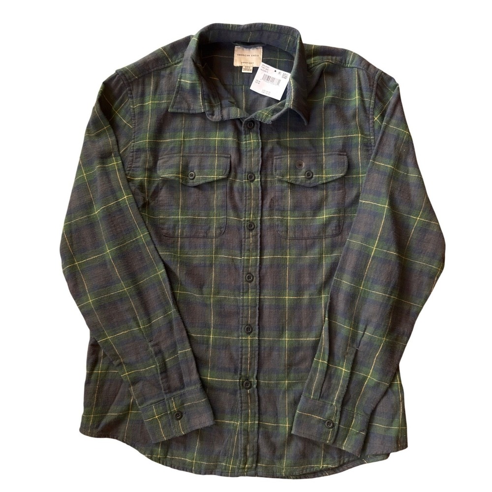 American Eagle Flannel Shirt Men Medium Green Navy Plaid Super Soft NWT